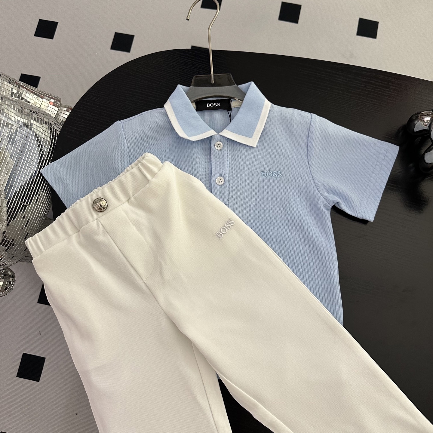 Boss Unisex Kids Light White Trim Collar Short Sleeve Polo Shirt & White Cuffed Straight Long Pants Set Boys Girls Sizes 90-150