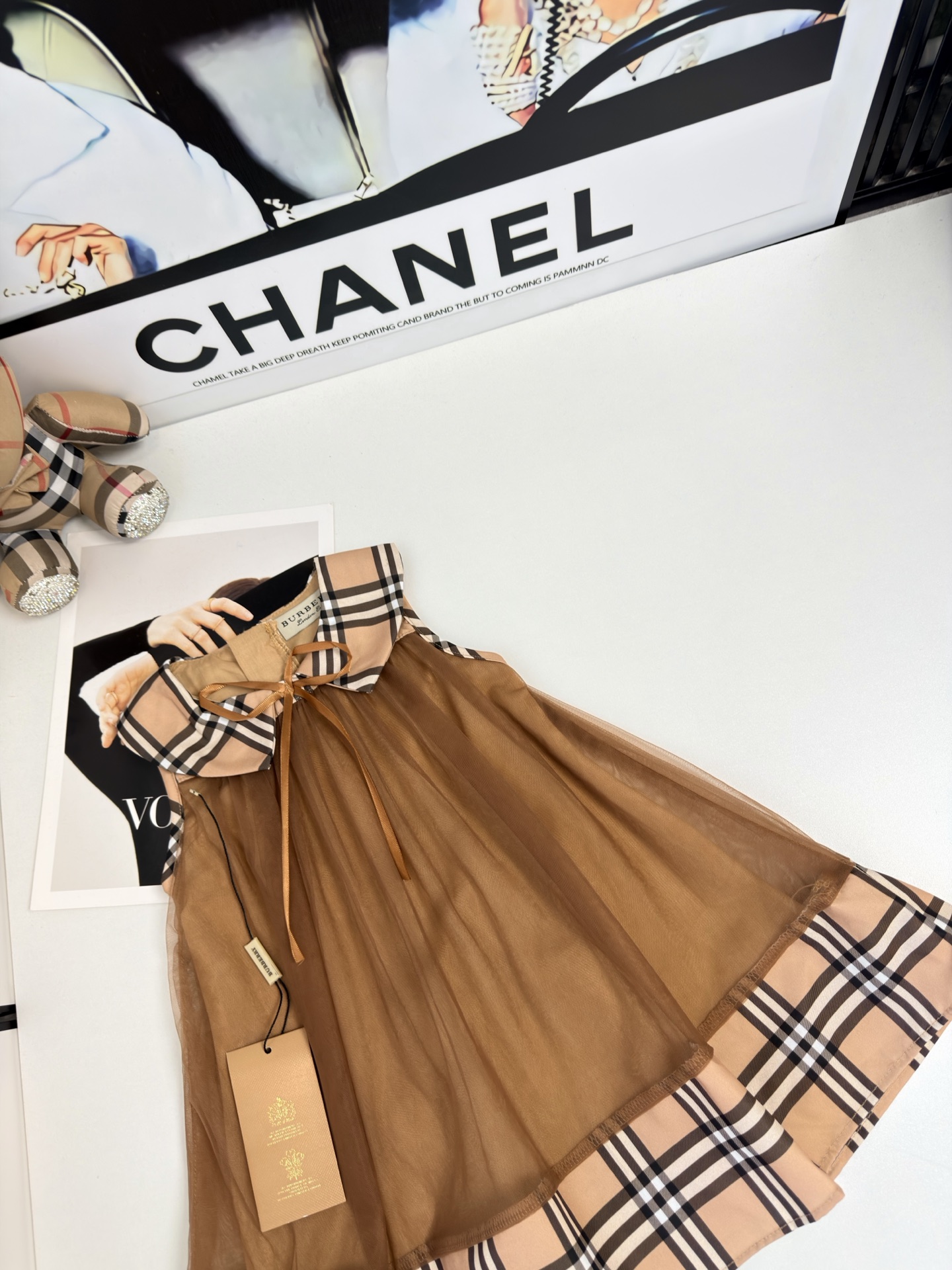 Burberry Girls Vintage Beige Plaid Collar Brown Tulle Sleeveless A-Line Dress Kids Sizes 100-160