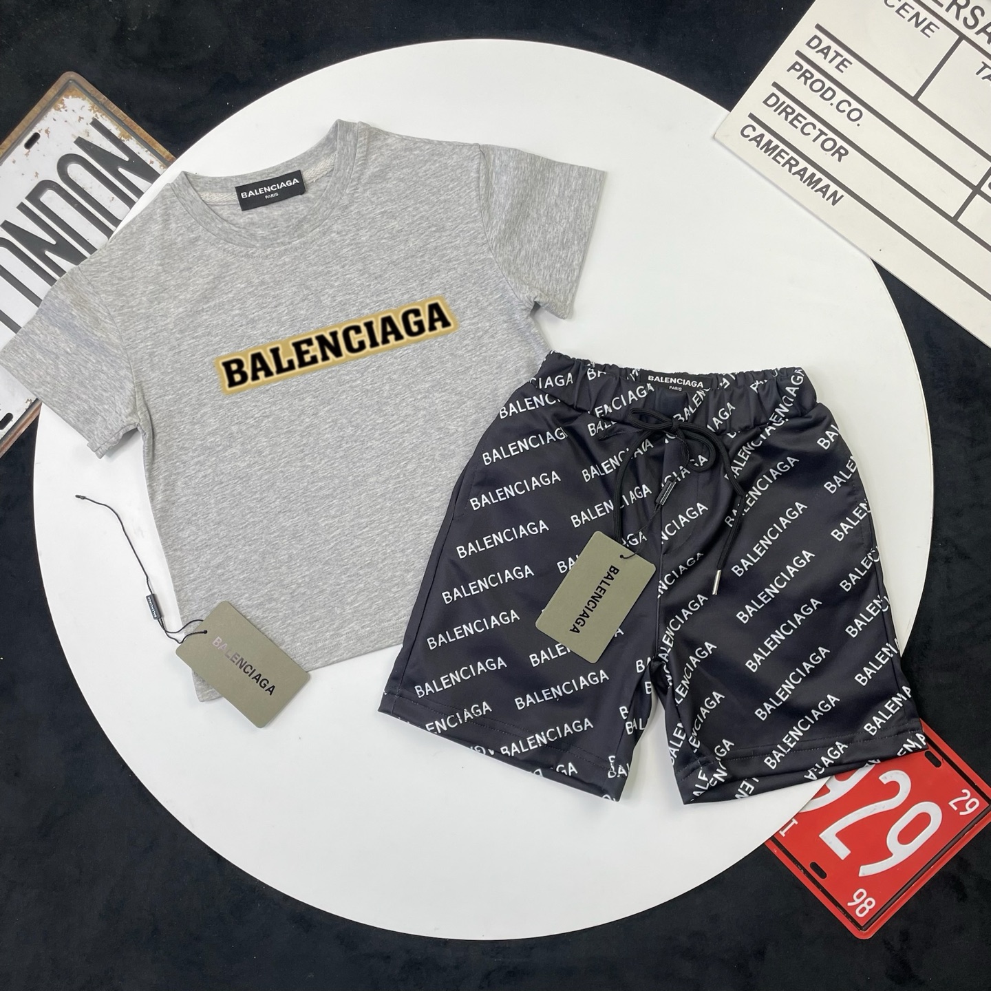 Balenciaga Unisex Kids Gray Gold Border Logo Short Sleeve T-Shirt & Black All Over Letter Print Casual Shorts 2 Piece Set Boys Girls Sizes 90-150