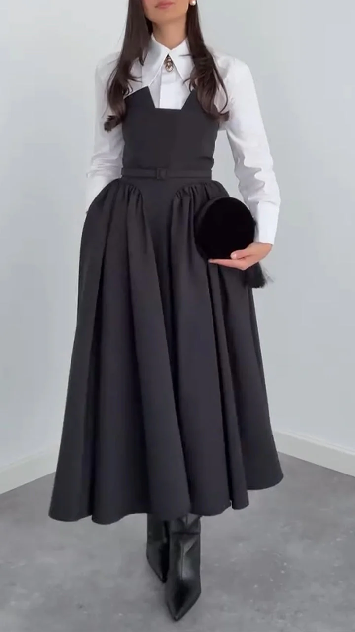 Women Laple Collar Shirt+ Strapless Patchwork Dress Elegant Temperament Set