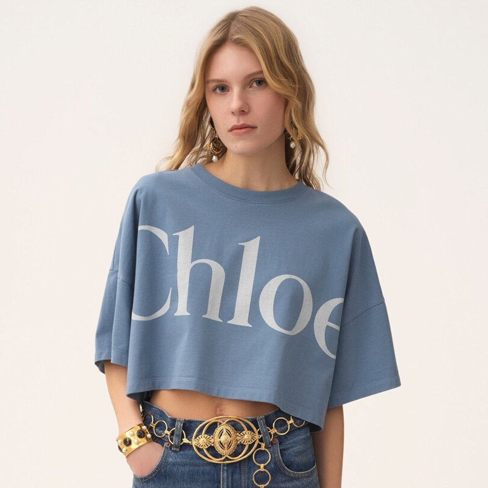 Chloé Cropped boxy logo T-shirt in cotton jersey Blue #377731