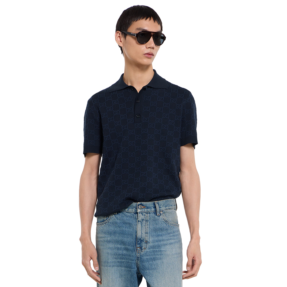 GUCCI GG Cotton Silk Jacquard Polo Shirt in Dark Blue #379147