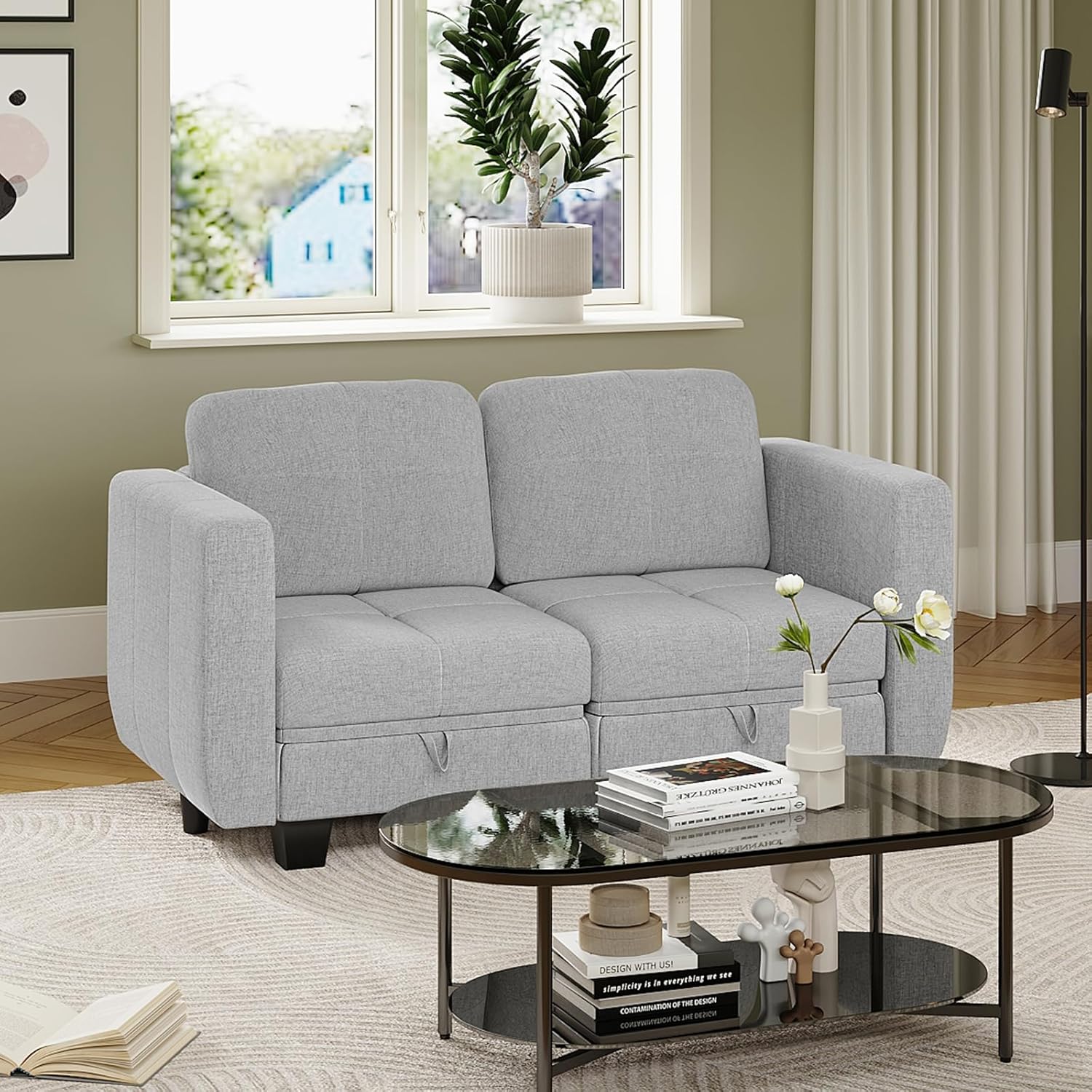Jooli H 3 Seater Sofa with Movable Ottoman, Fabric Corner Sofa with Hidden Storage and Upholstered Cushions, L-Shaped Modular Sectional Sofa for Living Room and Home Office, Light Grey