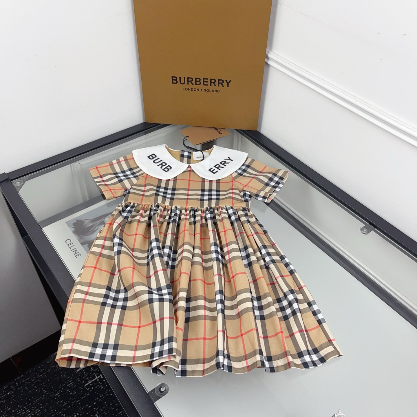 Burberry Girls Vintage Khaki Check Short Sleeve Peter Pan Letter Print Collar A-Line Cotton Dress Kids Princess Dress Sizes 90-140