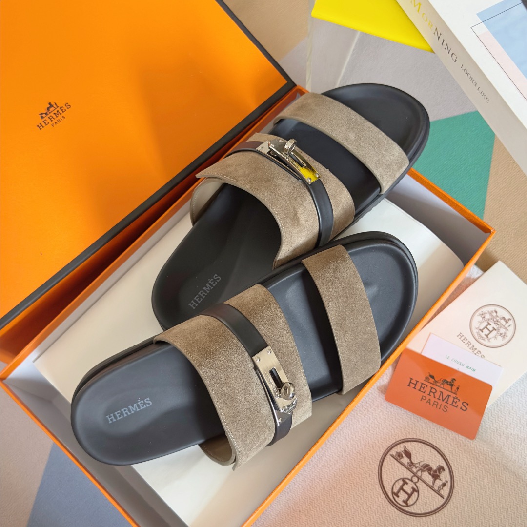 [TOP] HERMES Men's/Women's Jackson Calfskin Slippers - Gray - 711 Luxury