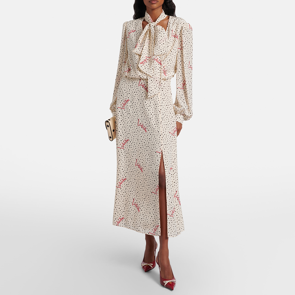 Valentino Polka-dot Silk Crêpe De Chine Midi Dress in White #388579