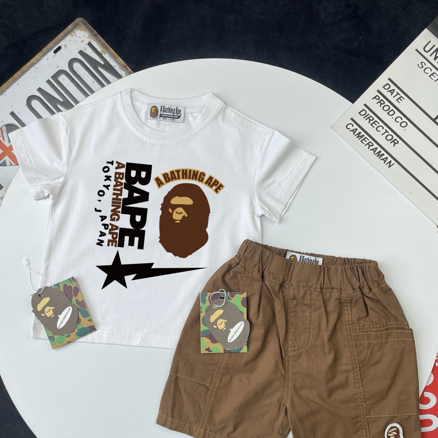 Bape Unisex Kids White Ape Head Star Print Short Sleeve T-Shirt & Brown Woven Cargo Shorts Set Boys Girls Sizes 90-150,