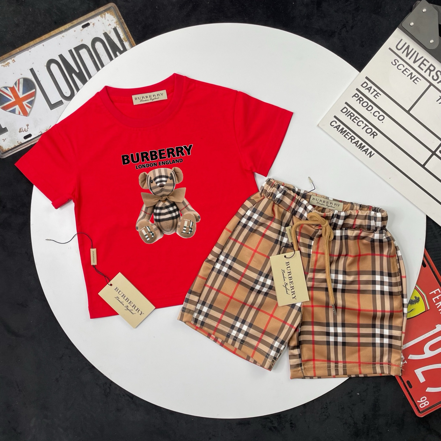 Burberry Unisex Kids Red Bear Print Short Sleeve Cotton T-Shirt & Vintage Check Drawstring Shorts 2 Piece Separable Set Boys Girls Sizes 90-150
