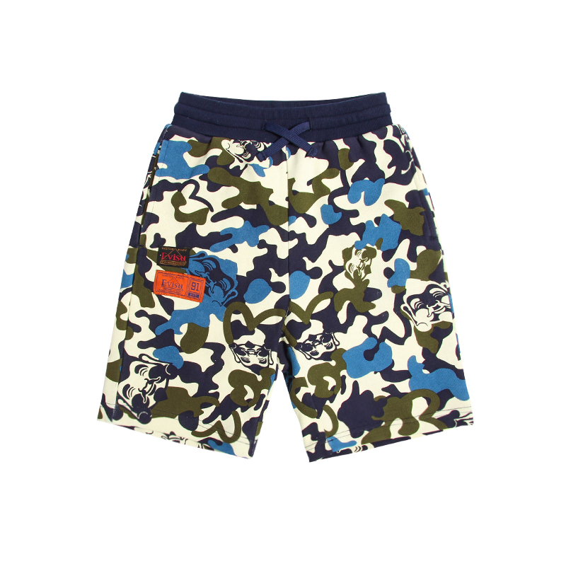 Evisu Unisex Kids Camouflage Daruma Full Print Cotton Sweat Shorts Boys Girls Sizes 90-160