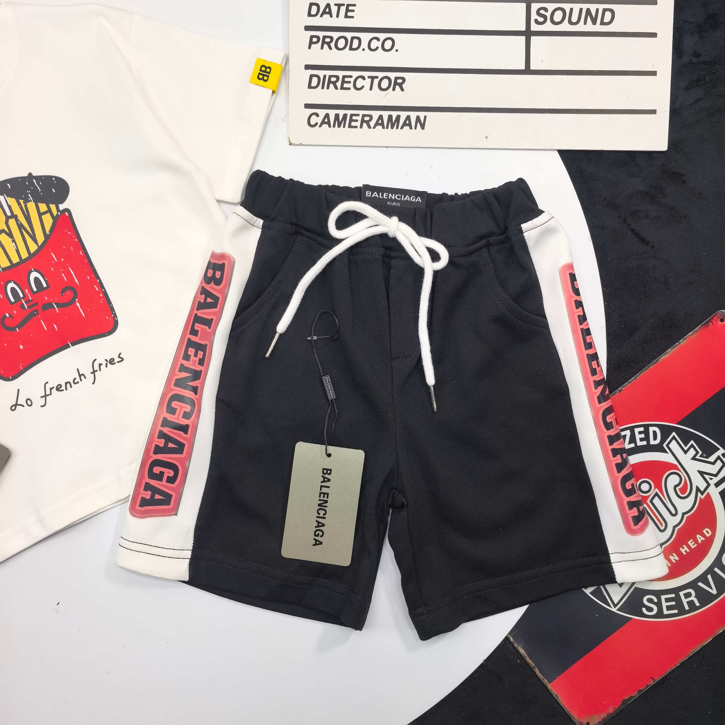 Balenciaga Unisex Kids Cartoon French Fries Print Short Sleeve T-Shirt & Color Block Side Stripe Shorts 2 Piece Set Boys Girls Sizes 90-150