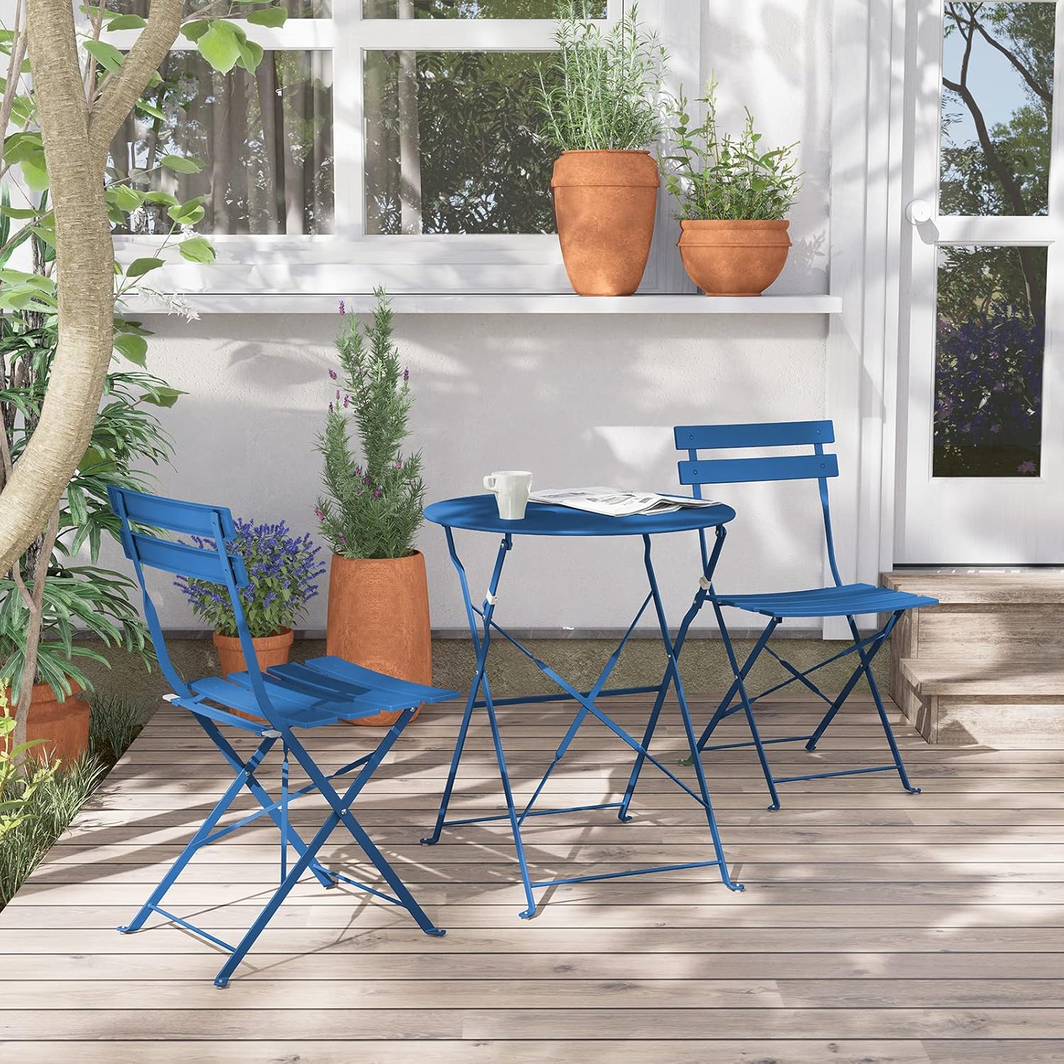 blue folding bistro set outdoor garden table and two chairs metal patio furniture set