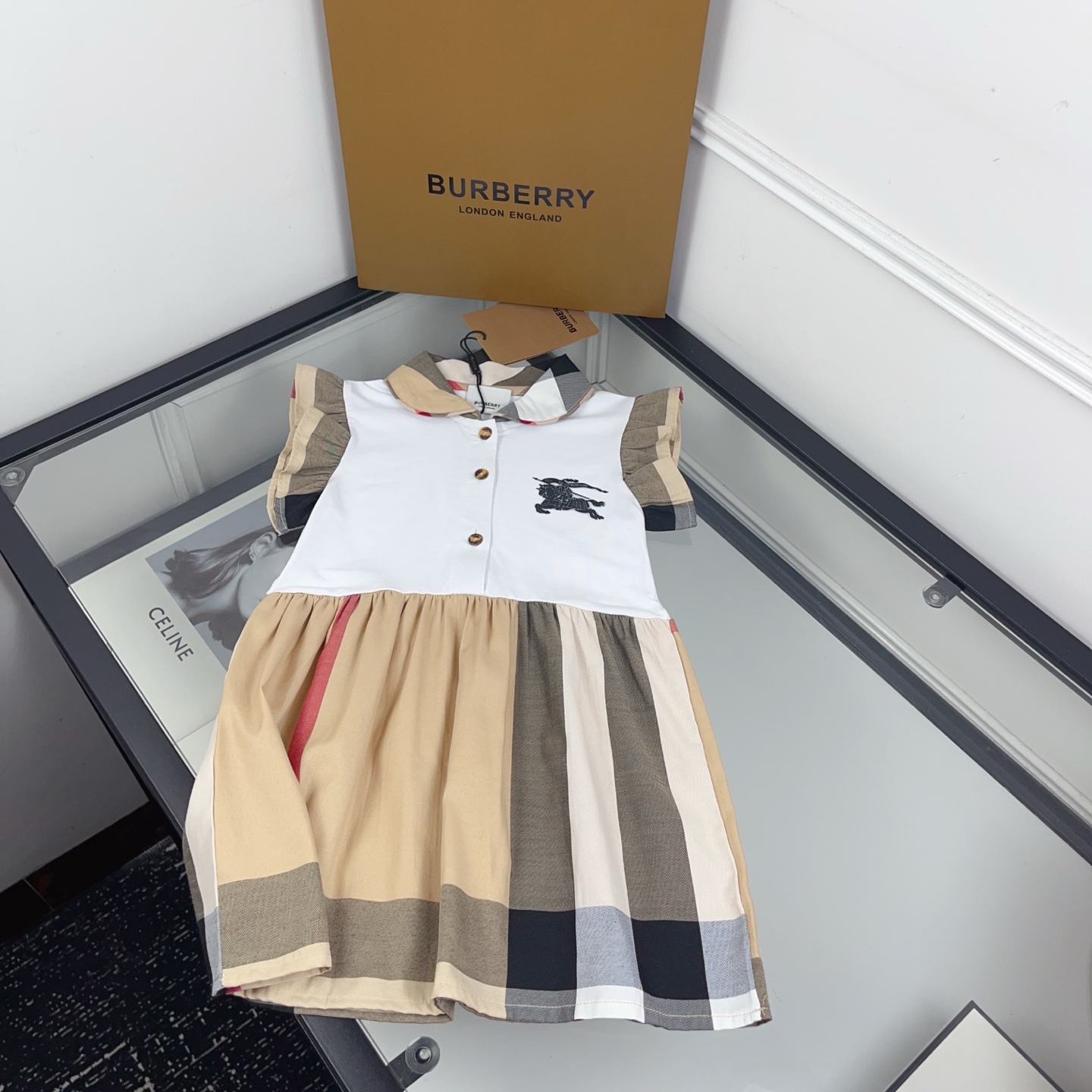 Burberry Girls Color Block Vintage Plaid Flutter Sleeve Peter Pan Collar Spliced Dress Kids Sizes 80-150
