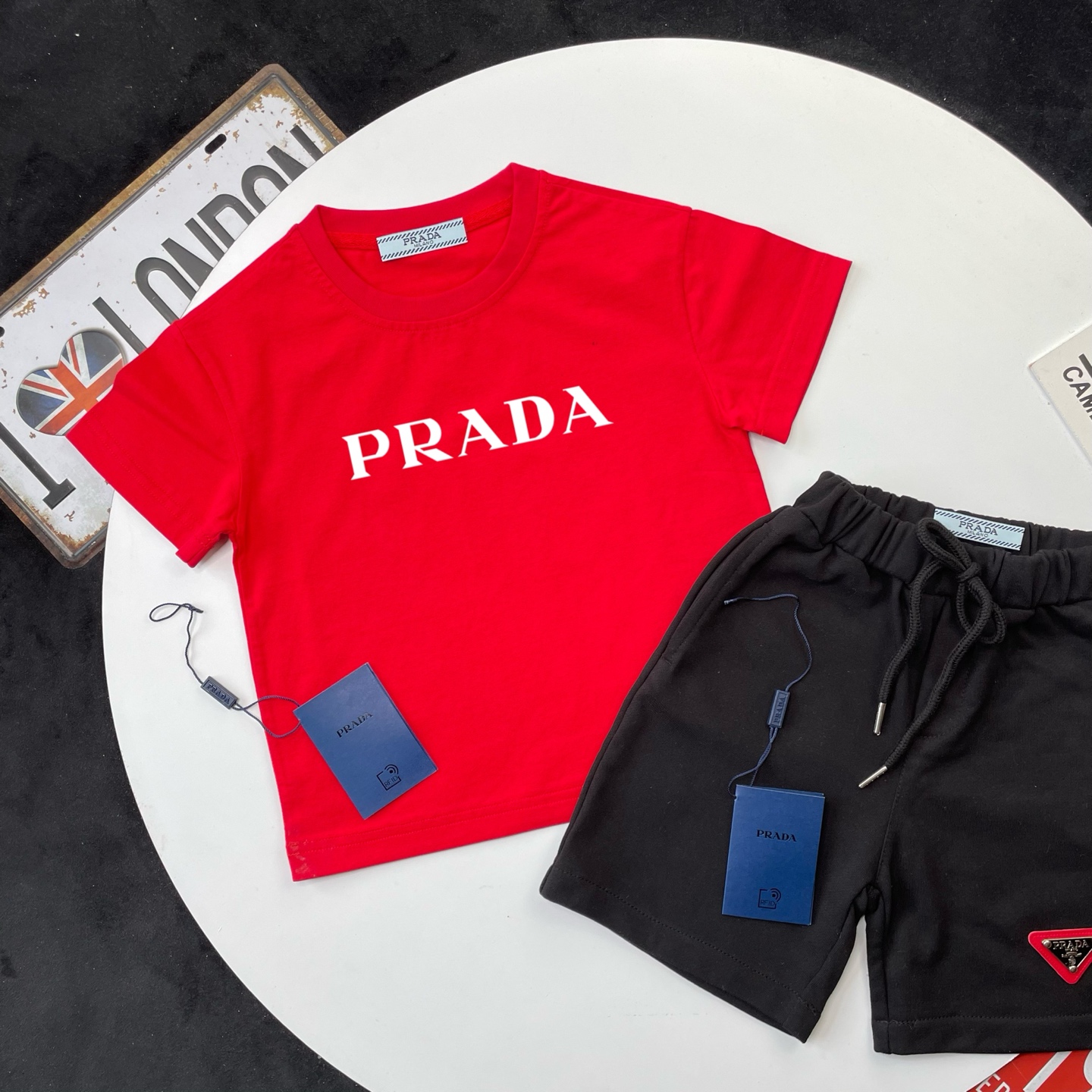 Prada Unisex Kids Red Letter Print Short Sleeve T-Shirt & Black Triangle Logo Sweat Shorts Set Boys Girls Sizes 90-150