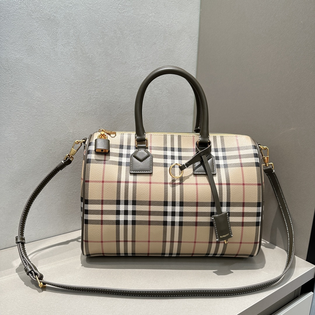 [TOP] BURBERRY Vintage Plaid Boston Bag 30x15x21cm - Khaki and Gray - 711 Luxury
