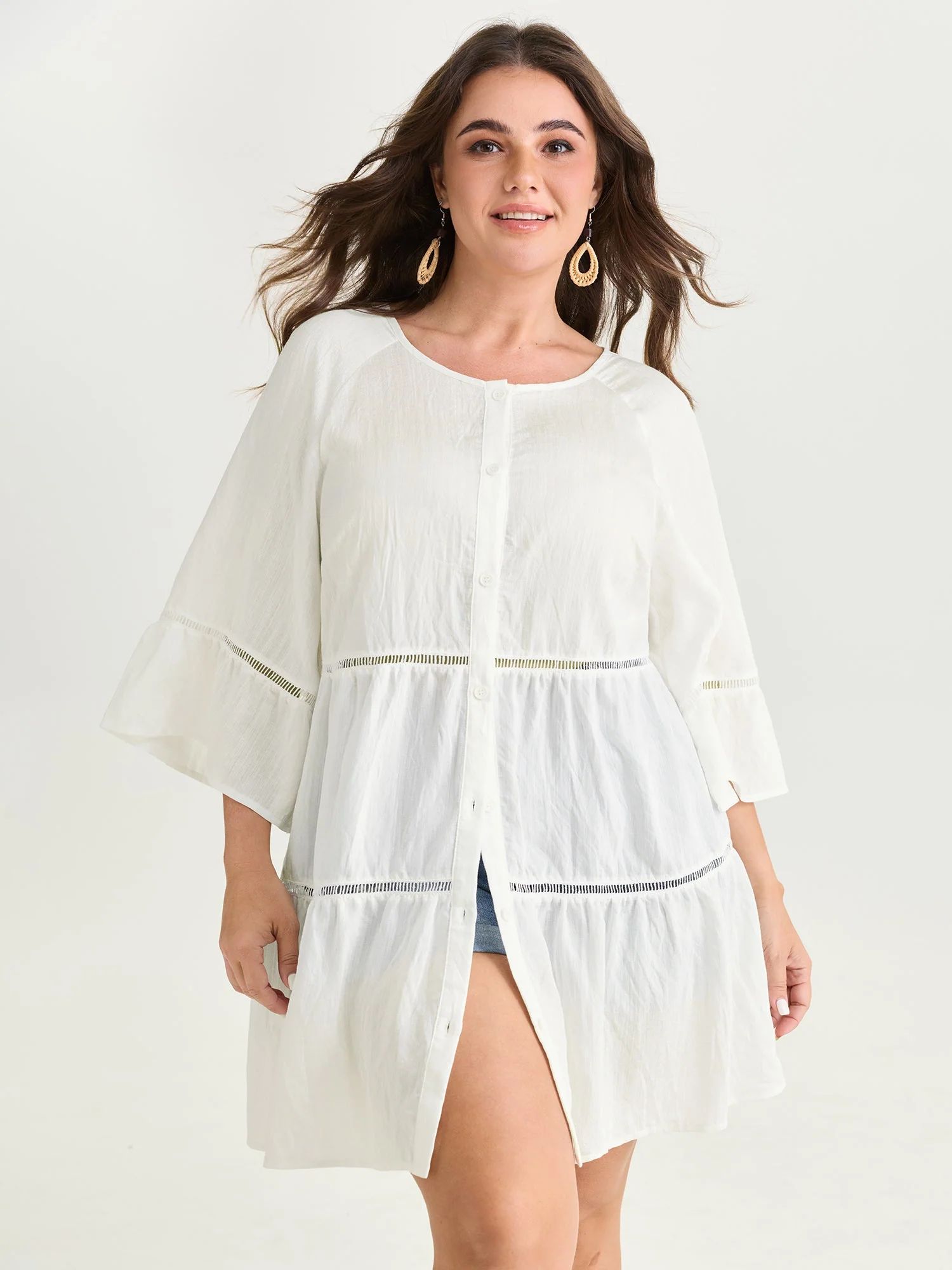 Supersoft Lace Trim Tiered Plain Open-Front Shirt