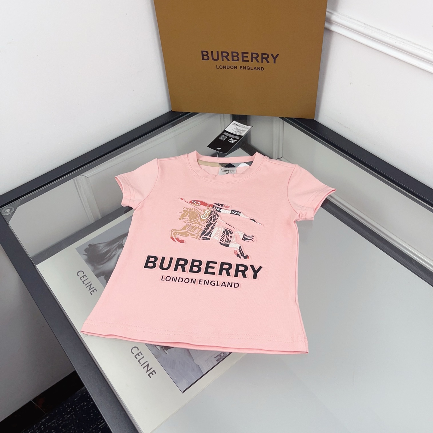 Burberry Girls Pink Color Equestrian Knight Letter Logo Crew Neck Cotton Short Sleeve T-Shirt Kids Sizes 90-130