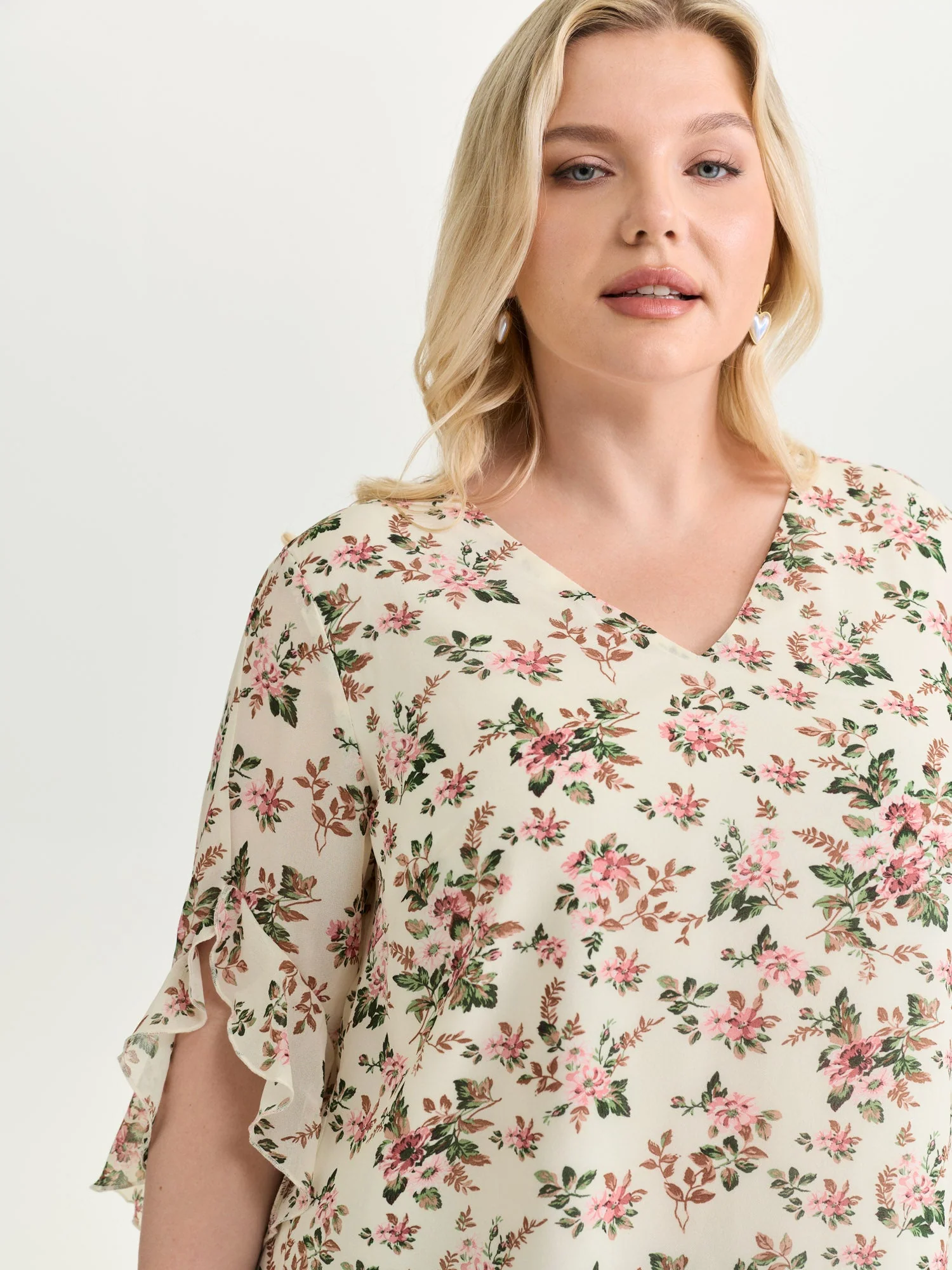 Floral Print Flared Sleeve Lined Blouse