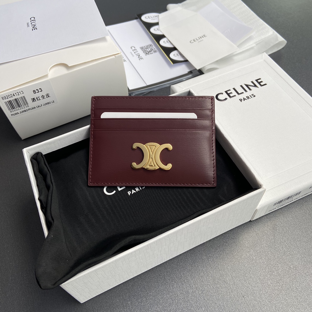 [TOP] CELINE Triomphe Logo  Card Holder 11-8 cm - Claret - 711 Luxury