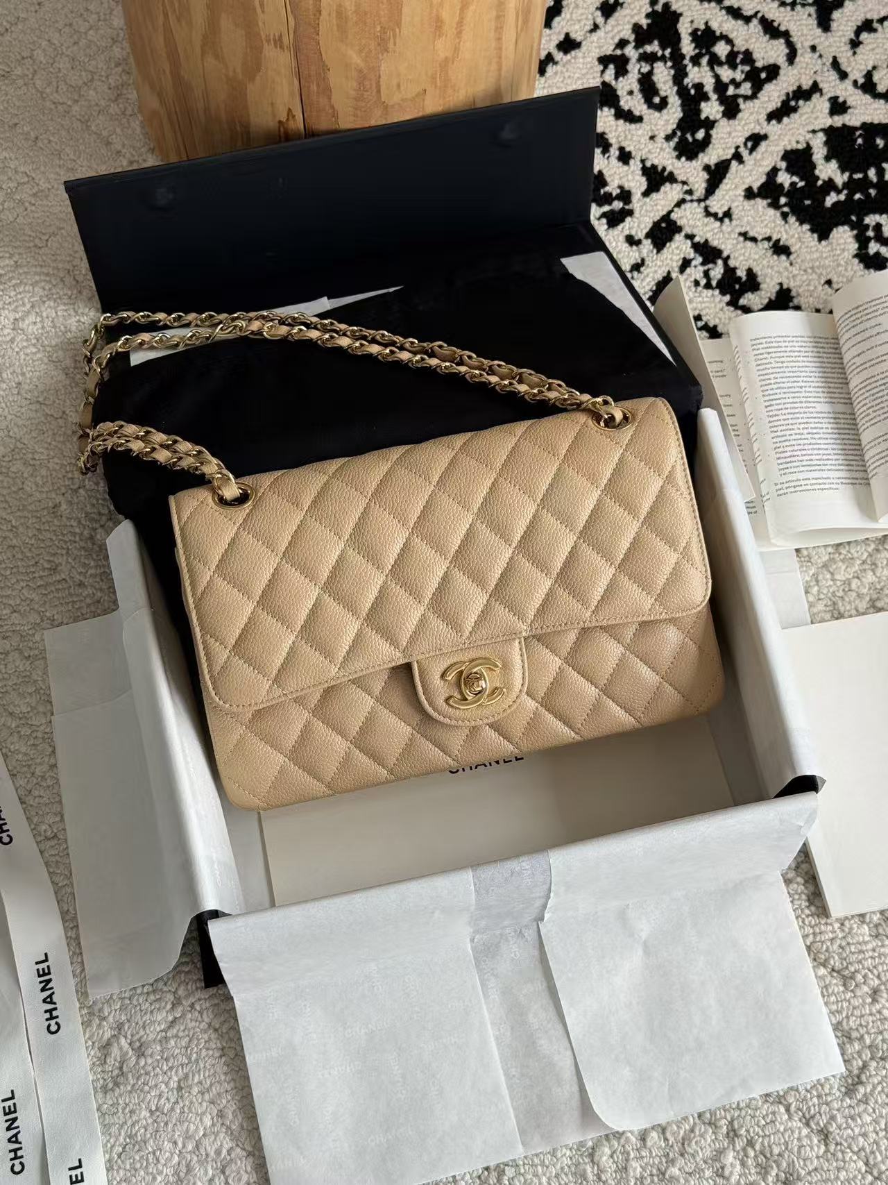 [TOP] CHANEL Classic Flap Bag Caviar  Medium 25.5CM - Apricot & GHW - 711 Luxury