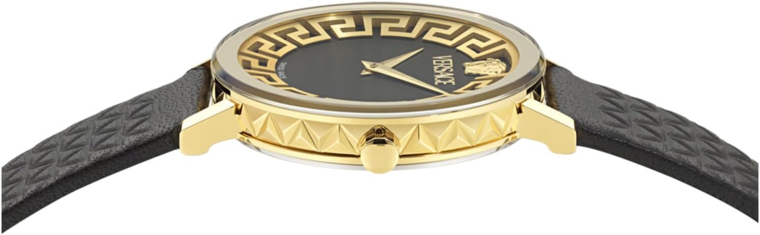 Versace Daedalus Collection Luxury Womens Watch Timepieces with a Black Strap and Dial Featuring a Gold Case