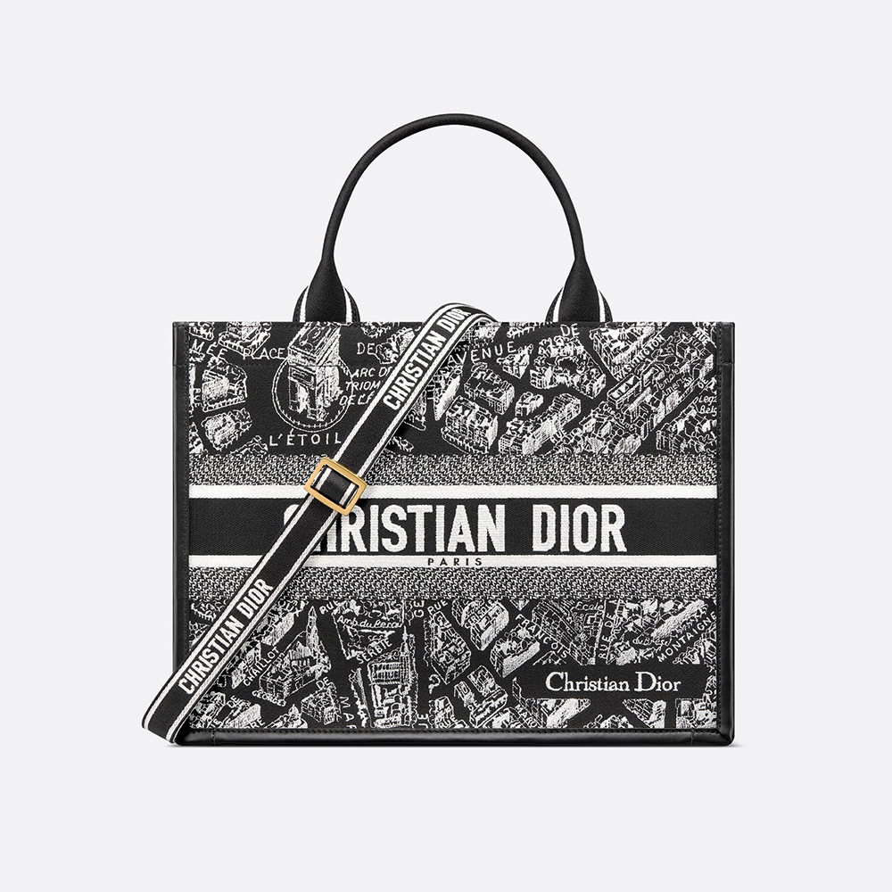 DIOR Medium Dior Book Tote Black and White Plan de Paris Embroidery with Black Calfskin #323178