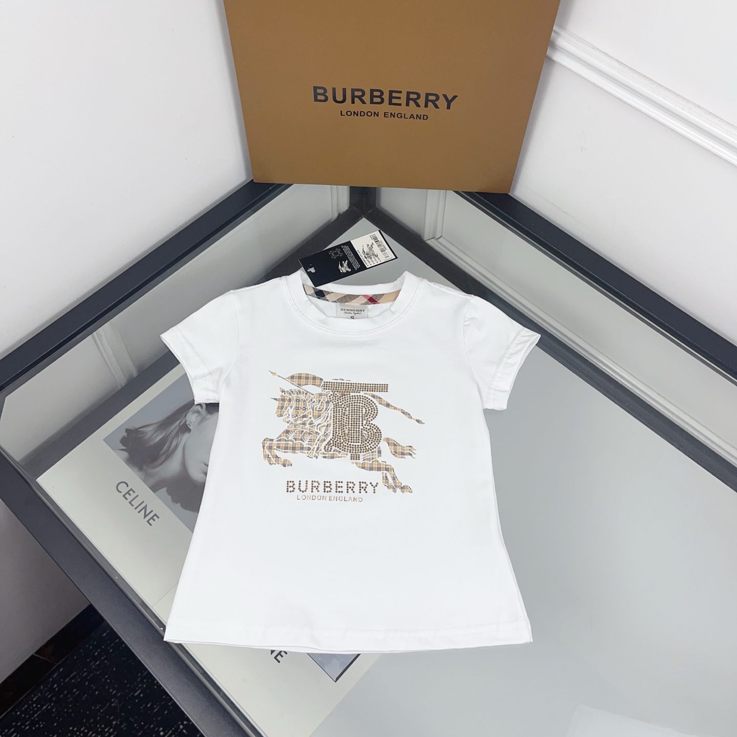 Burberry Unisex Kids White Rhinestone Equestrian Knight Print Crew Neck Cotton Short Sleeve T-Shirt Boys Girls Sizes 90-130