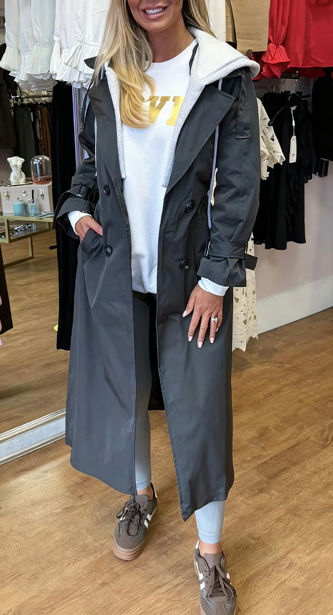 Women's Hooded Lapel Fake Two-piece Casual Long Trench Coat