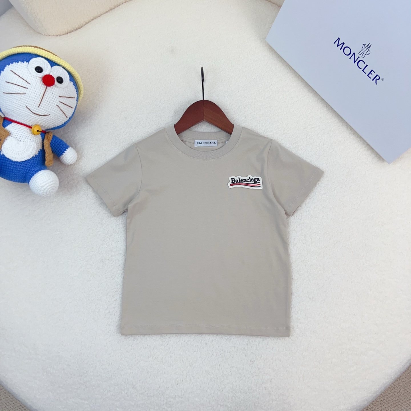Balenciaga Unisex Kids Woven Patch Logo Crew Neck Short Sleeve T-Shirt Cotton Modal Boys Girls Summer Basic Tee Sizes 90-170