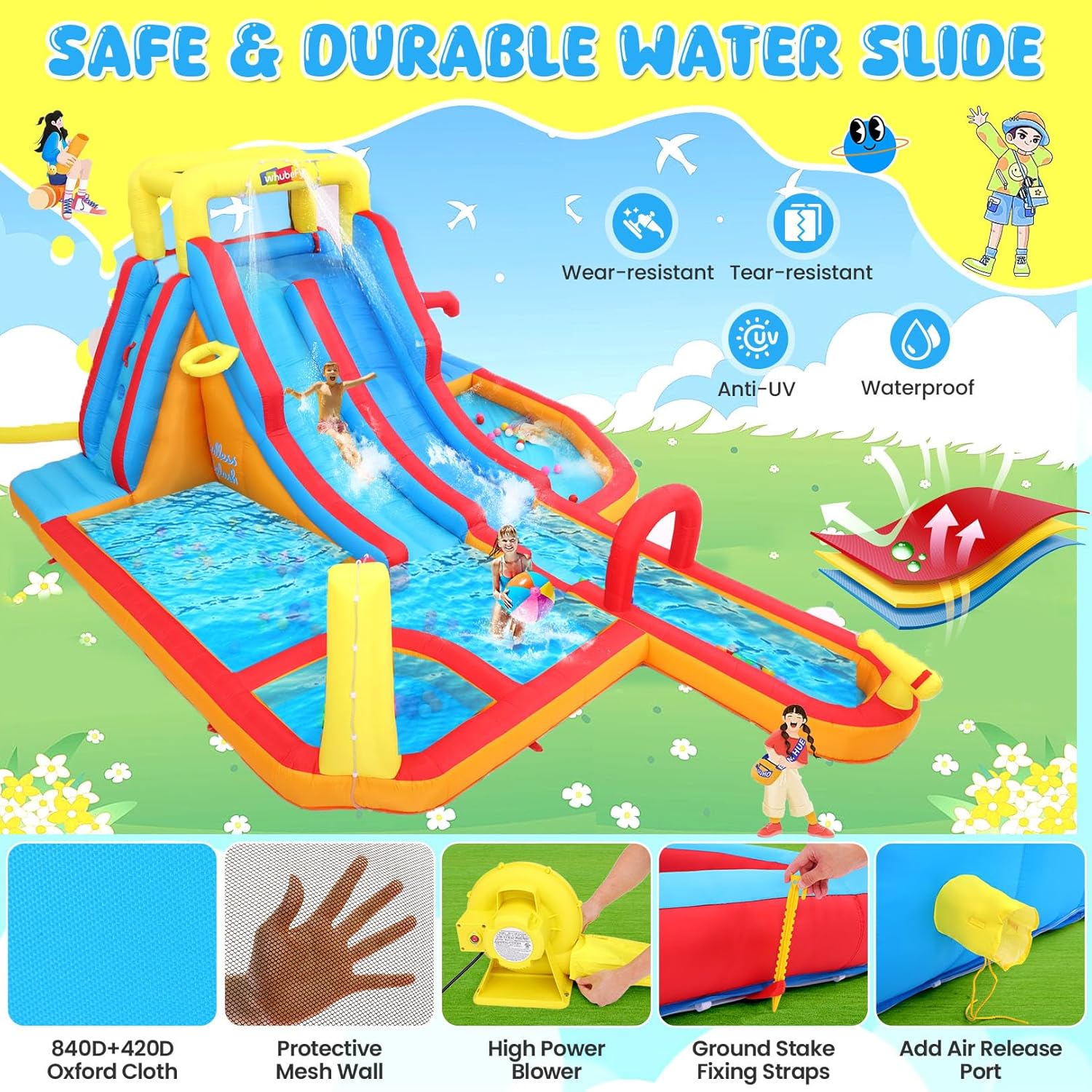 Whubefy Extra Large Inflatable Water Slide, 18X14X7 Ft Bounce House for 5-12 Summer Fun, 840D+420D Oxford Fabric, Long Slide/Splash Pool/680W Blower/10 Accessories, Suitable for 10 Kids, Outdoor