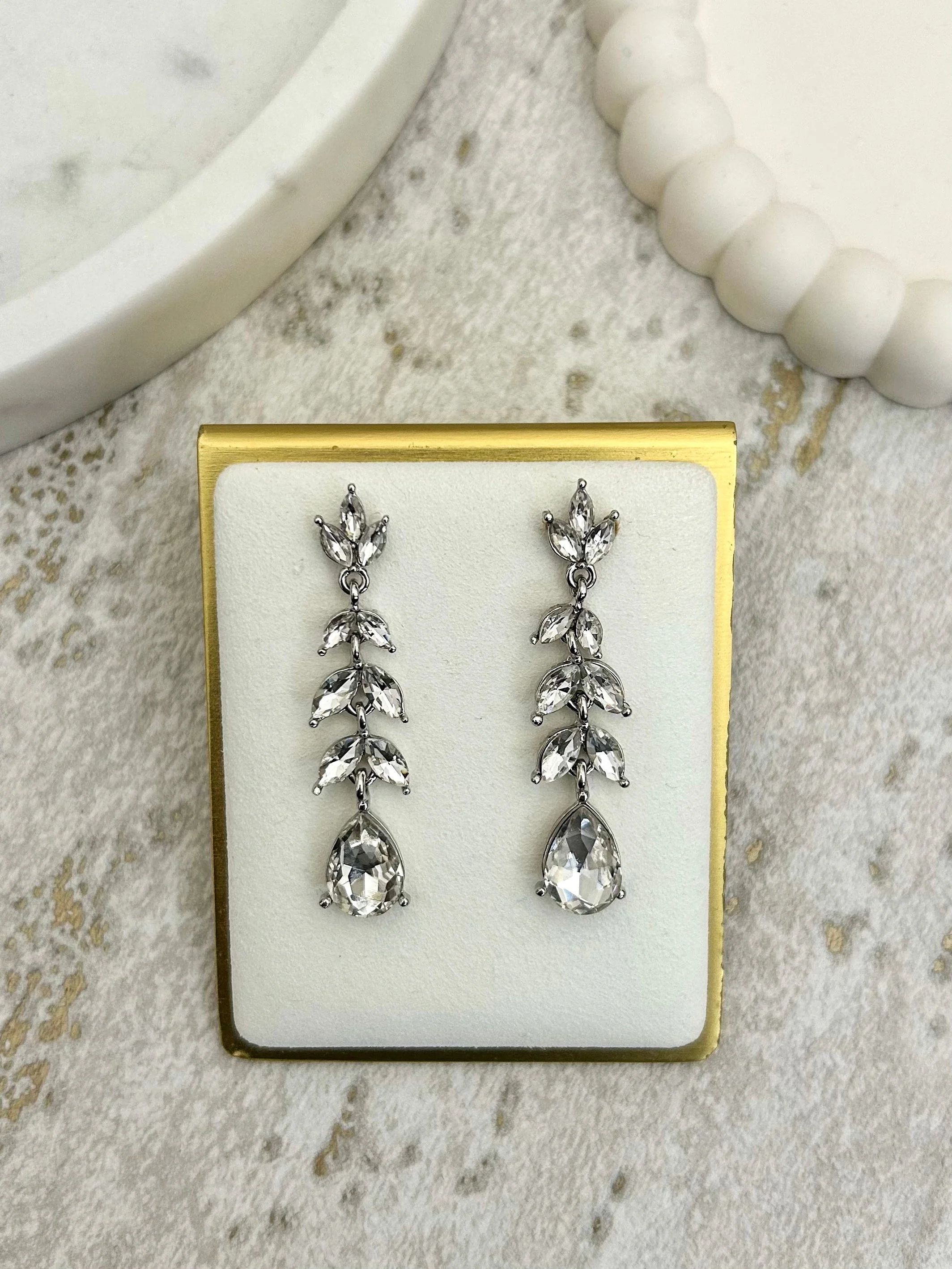 Silver Diamante Leaf Drop Earrings