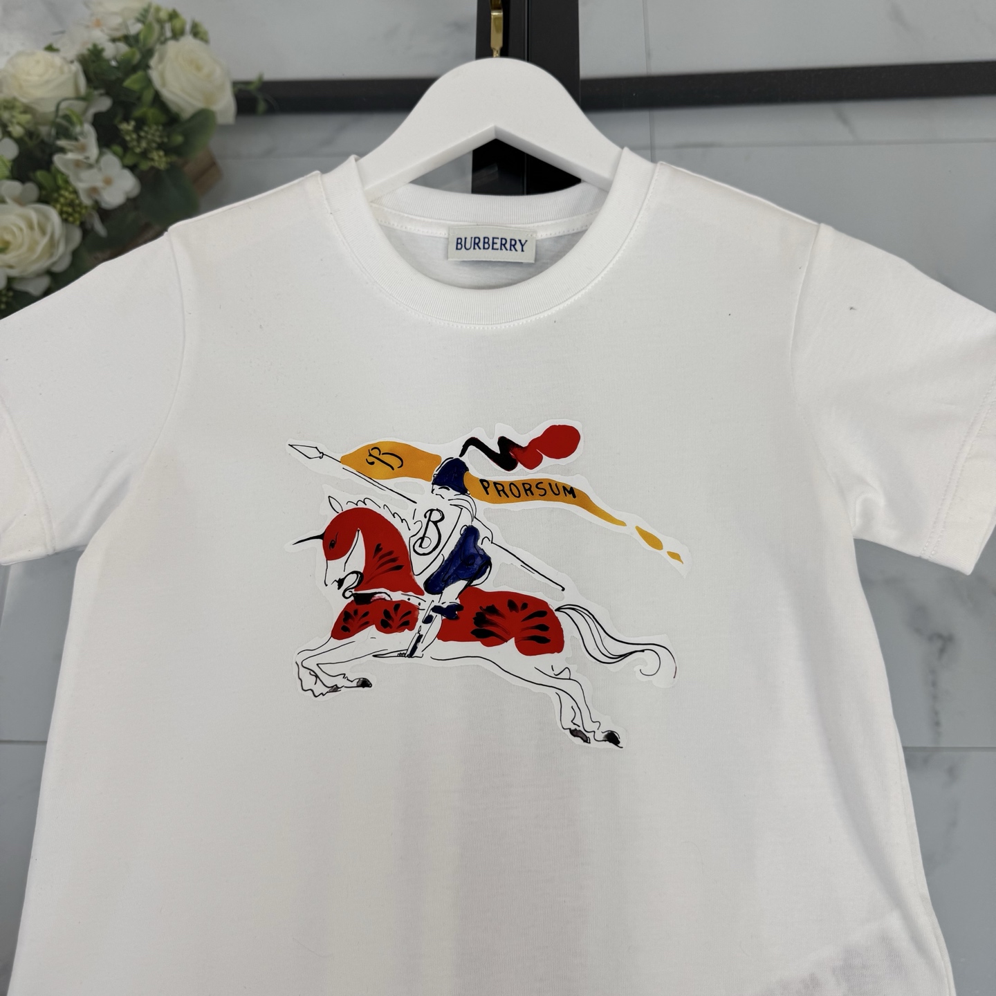 Burberry Unisex Kids White Colorful Knight Print Short Sleeve T-Shirt & All Over Blue Knight Monogram Drawstring Beach Shorts Two Piece Set Boys Girls Sizes 100-150