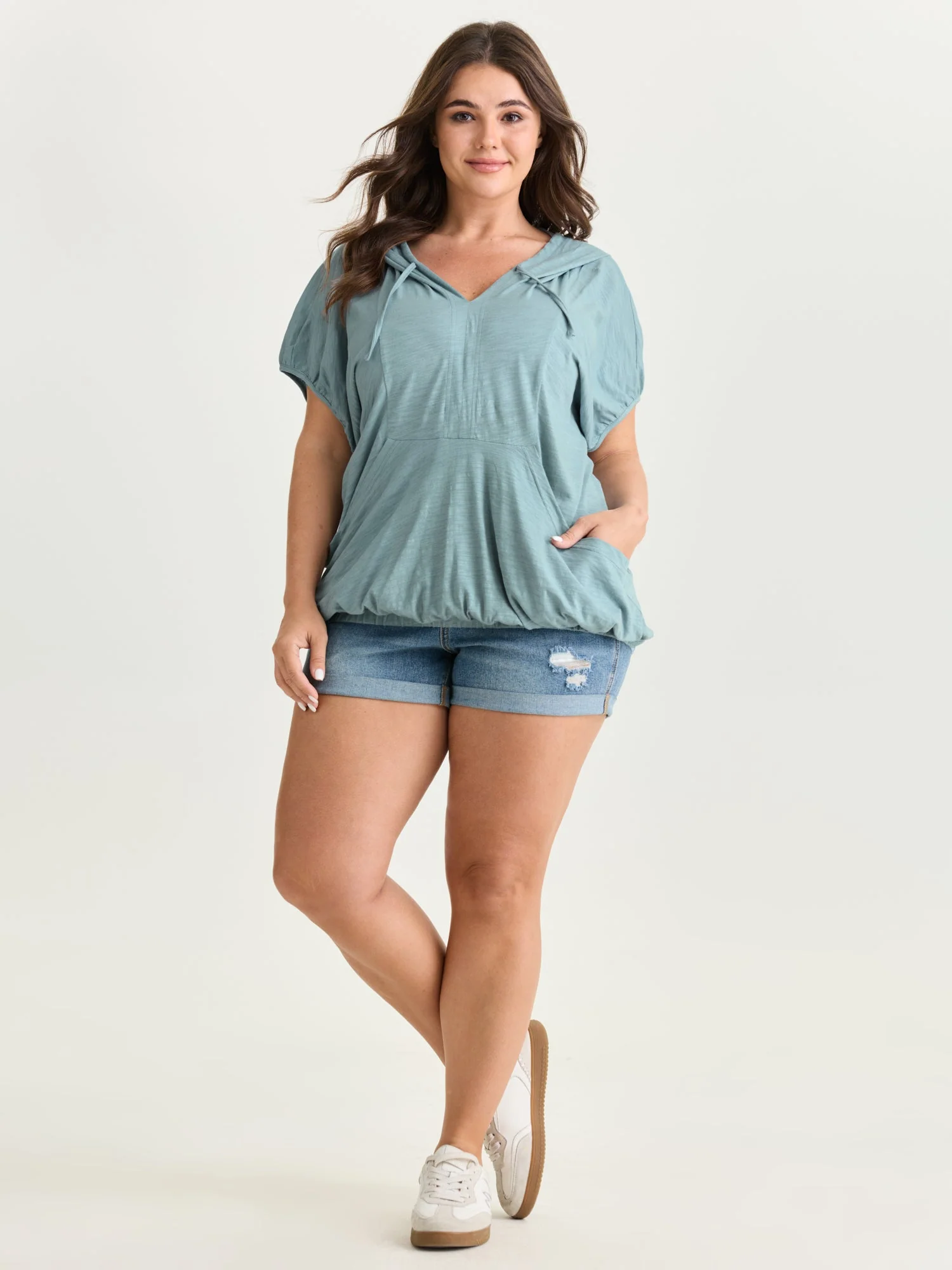 Pure Cotton Bubble Hem Hooded Knit Top