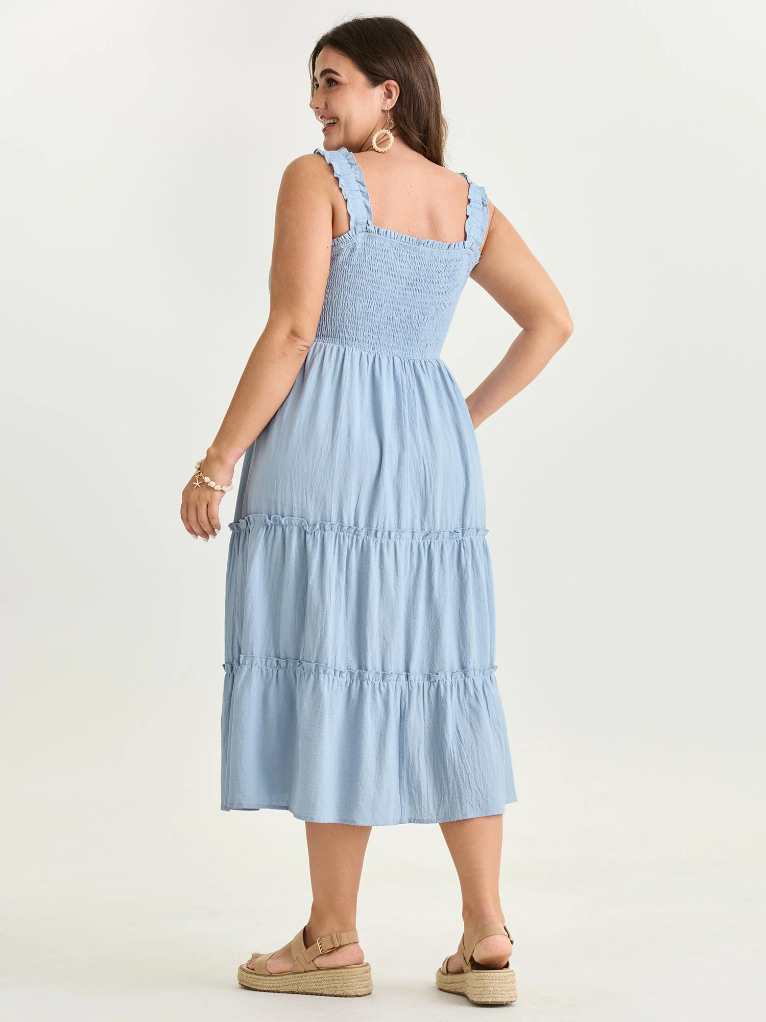 Cotton Shirred Bodice Ruffled Straps Plain Maxi Dress