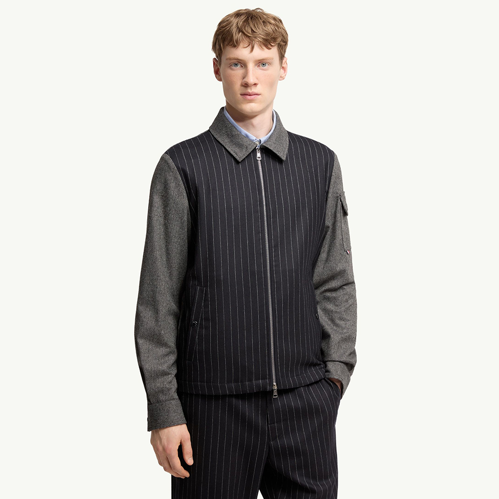 Designer blue Clothing Moncler Blue Grey Herringbone Wool Blend Zip-Up Shirt Shirt Jackets #393195 View 2 | Nigo Office