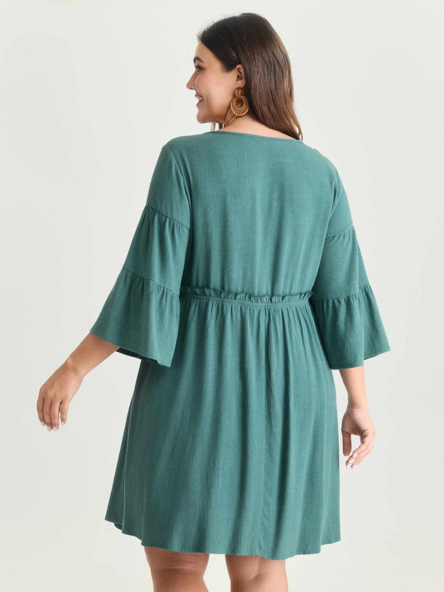 Tiered Sleeve Drawstring Neckline Mini Dress