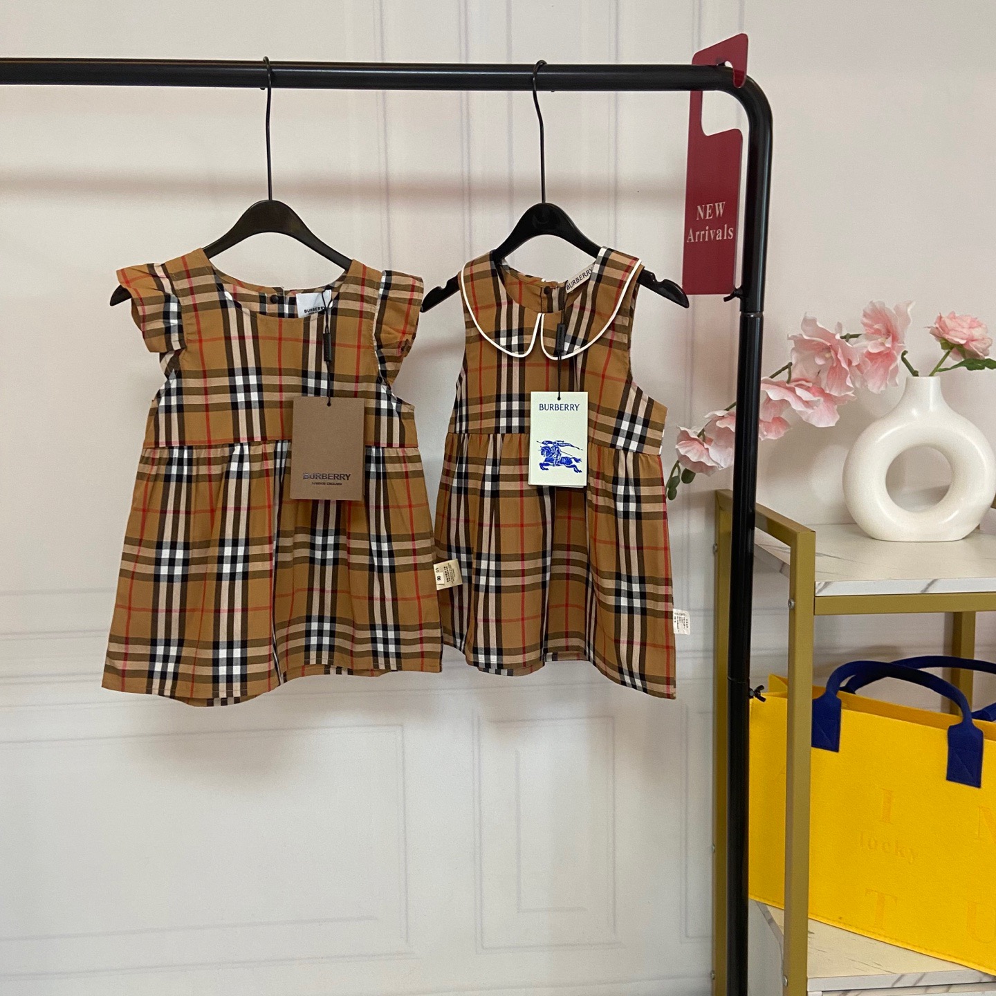 Burberry Baby Vintage Check Sleeveless Jumpsuit For Baby Boys & Sleeveless Collared Plaid Dress For Baby Girls Sibling Matching Outfit Sizes 73-100cm