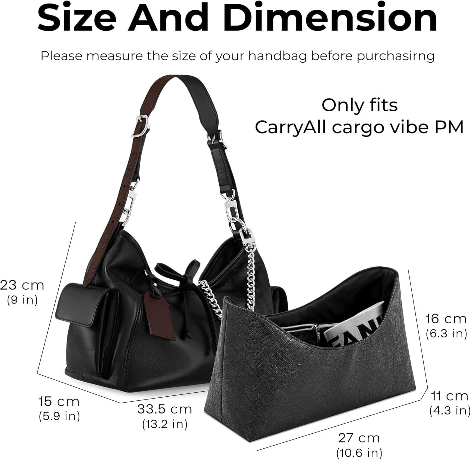 FANJI Project Purse Organizer Insert for LV Carryall Cargo Vibe PM Handbag, Custom Fit Inside Premium Lightweight Water Resistant Purse Insert with Zipper(Matte Black)