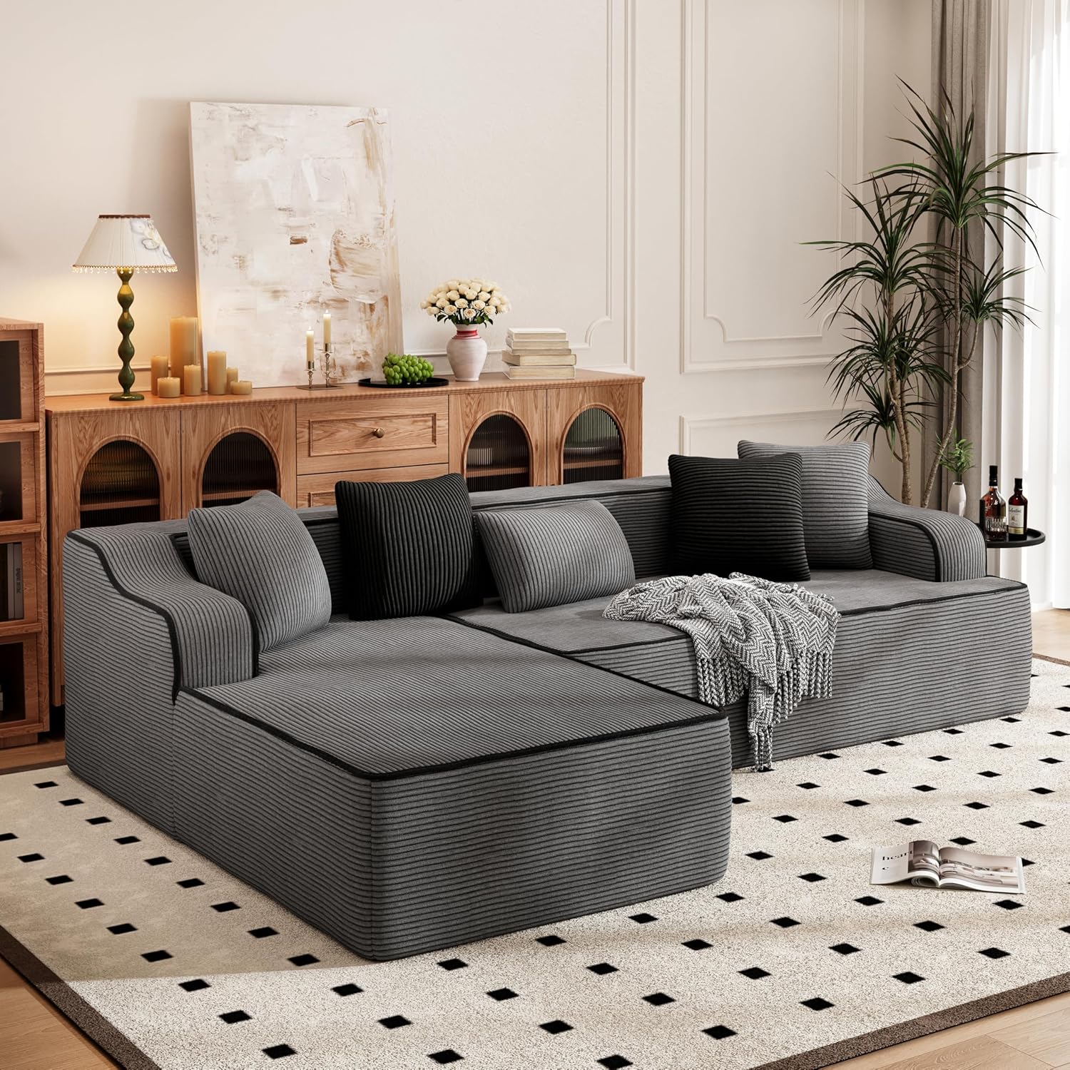 PHI VILLA Modular Boneless Couch, L-Shaped 5 Seater Cloud Sofa for Living Room, Foam Compressed Corner Sectional Sofas with Deep Seat and 5 Pillows, No Assembly Required, Corduroy Grey