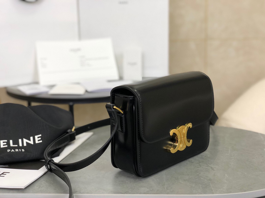 [TOP] CELINE Triomphe Bag Box Leather 18.5x14x6cm - Black - 711 Luxury