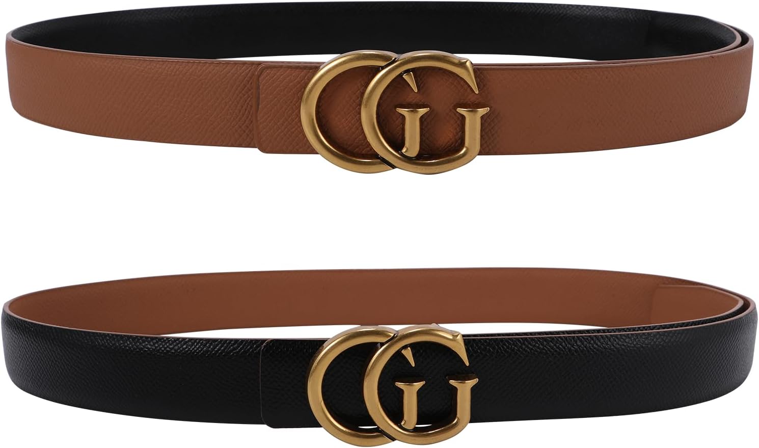 OXSLEN Women Reversible Leather Belt with Fashion G Gold Buckle for Dresses, Jeans, and Coats,width 1.1