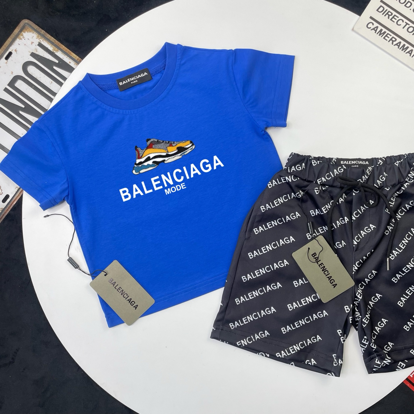 Balenciaga Unisex Kids Royal Blue Colorful Sneaker Mode Print Short Sleeve T-Shirt & Black All Over Letter Print Casual Shorts 2 Piece Set Boys Girls Sizes 90-150