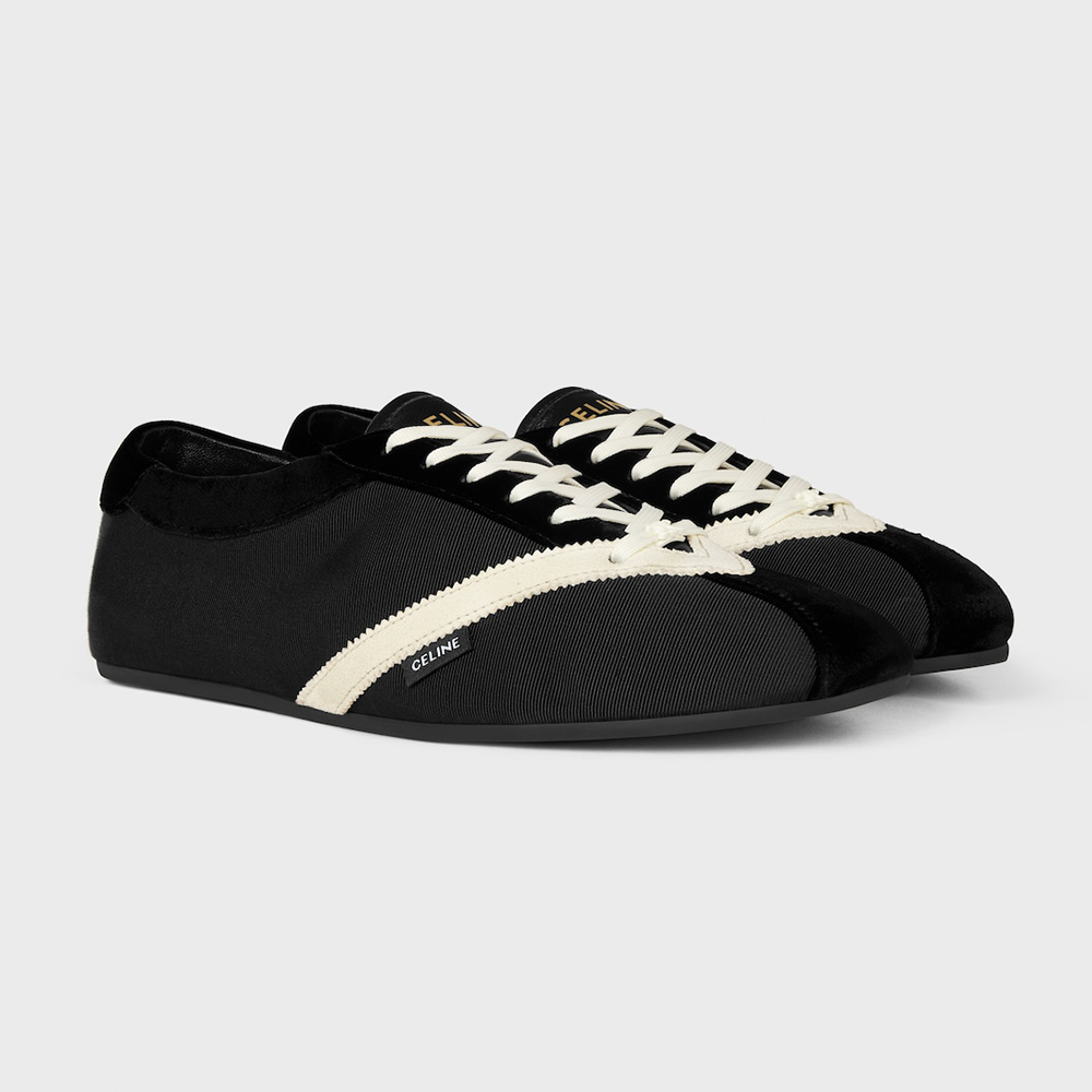 Celine black Shoes CELINE THE FLAT SNEAKER IN GROS GRAIN VELVET SUEDE CALFSKIN AND LAMBSKIN BLACK WHITE #389660 | Nigo Office