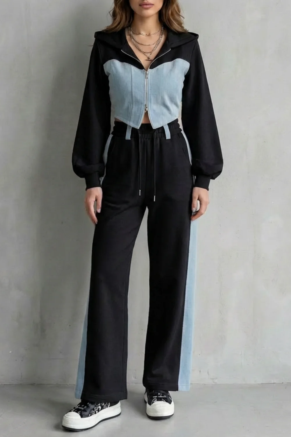 Arlo – Denim Splice – Two-Piece Hoodie & Sweatpant Set