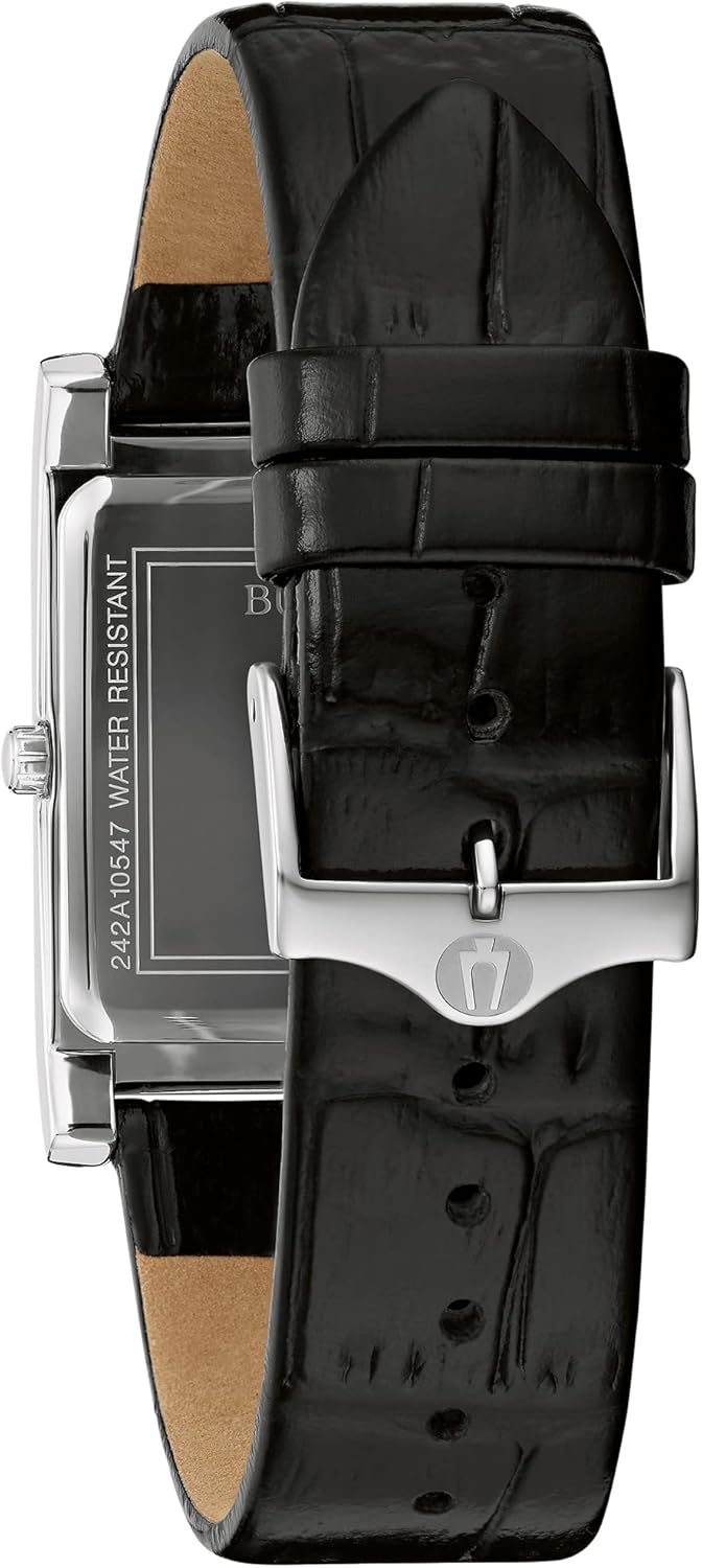 Bulova Men's Stainless Steel 3-Hand Calendar Date Quartz Watch with Black Leather Strap, Rectangle Dial Style: 96B107