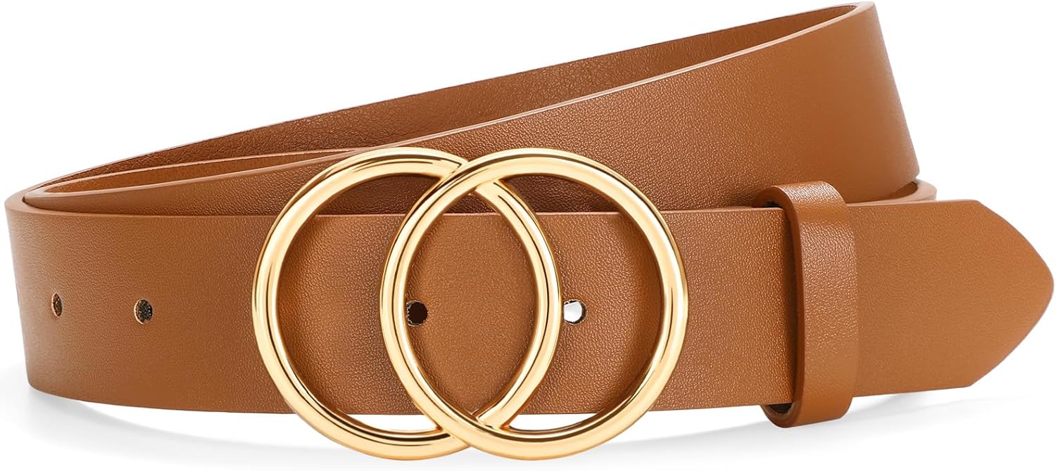 SANSTHS Womens Leather Belt for Jeans Pants Fashion Waist Belts Gold Silver Double Ring Buckle
