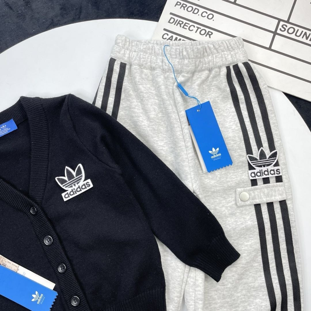 Adidas Kids 2Pcs Embroidered Trefoil Knit Cardigan & 3-Stripe Jogger Pants Set For Boys Girls Full Original Tags Sizes 90-150