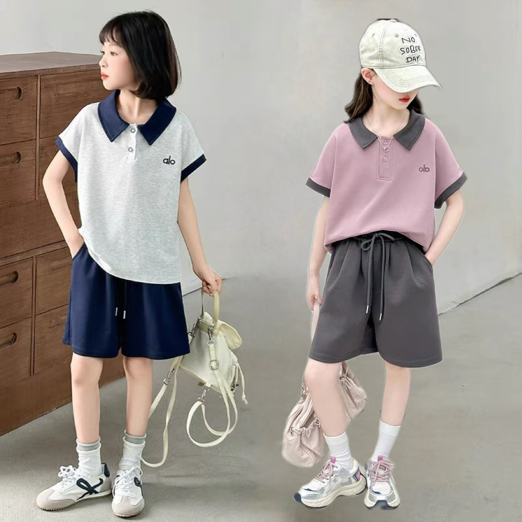 Alo Kids 2Pcs Color Block Polo Short Sleeve Top & Drawstring Casual Shorts Matching Set For Boys Girls Soft Breathable Summer Outfit Sizes 120-170