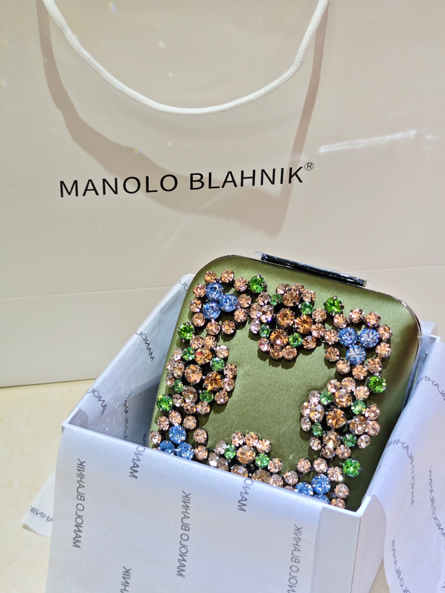 [TOP] MANOLO BLAHNIK Lace-patterned Square Bag 15.8*17*7.3cm - Green - 711 Luxury