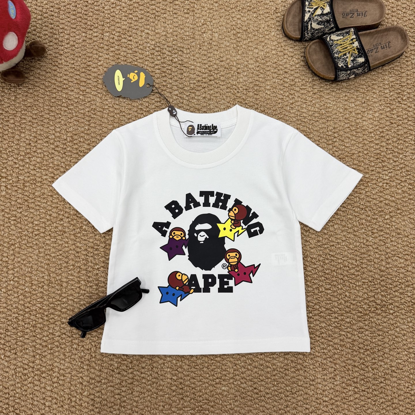 Bape Unisex Kids White Ape Head Colorful Star Baby Milo Graphic Short Sleeve T-Shirt Boys Girls Sizes 90-150