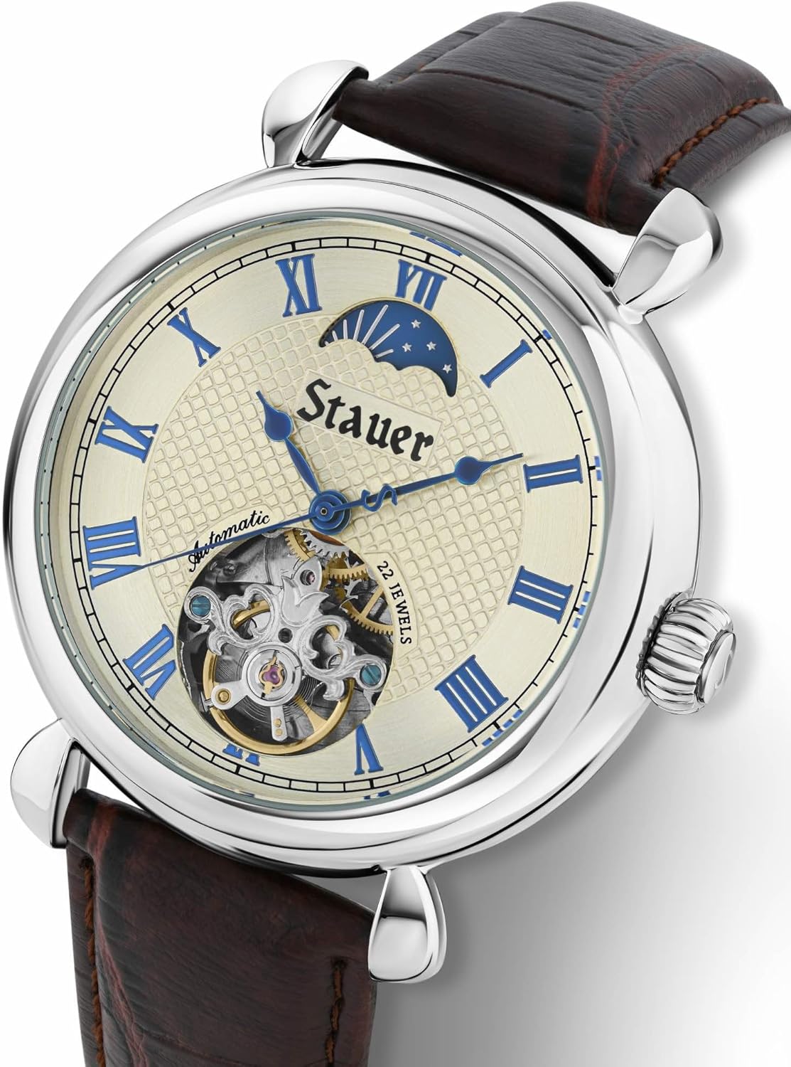 Stauer Copernicus Open Heart Automatic Watch for Men – 42mm Case, Guilloché Face and Blue Roman Numeral Hands, Sun-Moon Dial and Brown Leather Strap